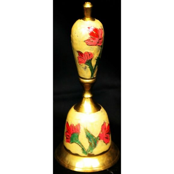 Metal Golden Brass Hand Bell Cream Enameled Pink Red Floral Pattern - Picture 8 of 12